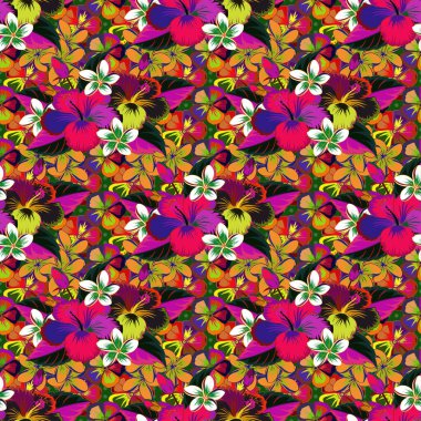 Stok çizimi. Yeşil, turuncu ve morumsu renklerde soyut amber çiçeklerinin kusursuz deseni. Klasik stil.