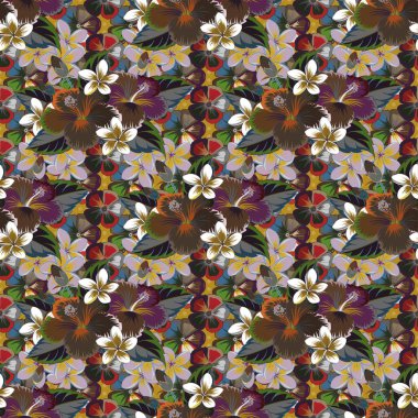 Vektör çizimi. Geleneksel Hint çiçeksiz deseni karışık ambar çiçekleri mor, kahverengi ve gri renklerde..