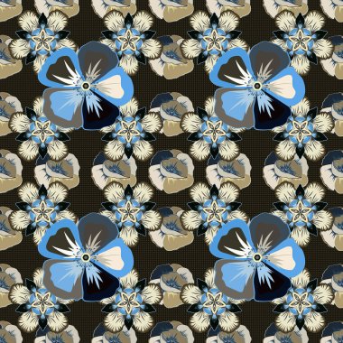 Parlak, güzel kozmos çiçekleri kusursuz bir arka plan. Mavi, gri ve bej renkli, soyut, şirin çiçek deseni. Raster illüstrasyonu.