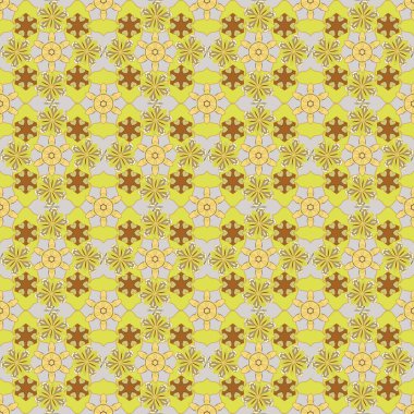 Kumaş tasarımı, elbise, duvar kâğıdı ve kağıt için küçük, hantal çiçekler. Sarı, gri ve kahverengi renklerde kusursuz desenli yaz baskısı.