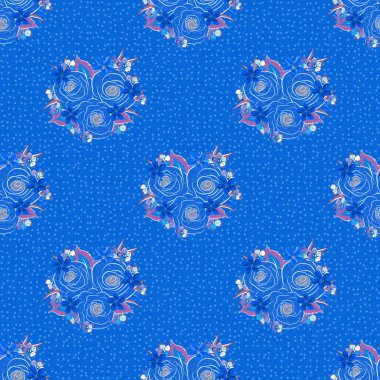 Parlak güzel gül çiçekleri ve pürüzsüz bir arka plan. Mavi ve mor renkli, soyut, sevimli çiçek deseni.