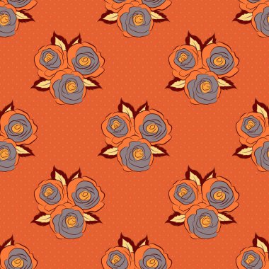 Çizgili arka planda dikişsiz suluboya desen. Turuncu, gri ve kırmızı renkte vektör çiçek deseni. Şirin gül çiçekleri ve yapraklar,