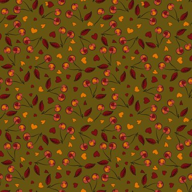 Vektör soyut, kusursuz desen. Yeşil, kahverengi ve turuncu renkli kirazların arka planı.