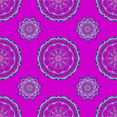 Kusursuz desenli oryantal süs. Magenta fon ve çok renkli tekstil baskısı. İslami vektör tasarımı Motifli çok renkli kiremitler.