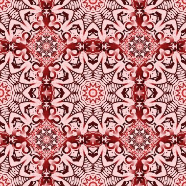 Kırmızı, kahverengi ve pembe kar taneleri olan kış arkaplanı. Şirin vektörsüz desen.