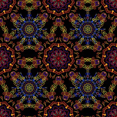 Elle çizilmiş güzel bir tasvir. Zarif sarı, turuncu ve kırmızı, çiçekli ve Mandala elementli..