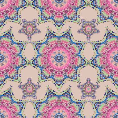 Vektör çizimi. Kahverengi, mavi ve pembe renklerde. Ikat damaske desensiz arkaplan fayansı.