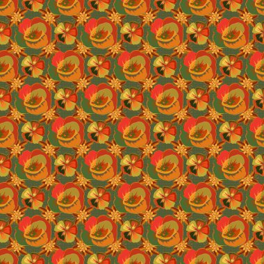 Sarı, turuncu ve yeşil gelincikli sade çiçek desenli, çok renkli..