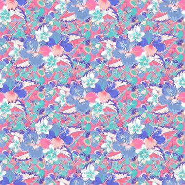 Hibiscus çiçekleri pembe, mor ve mavi renklerde.