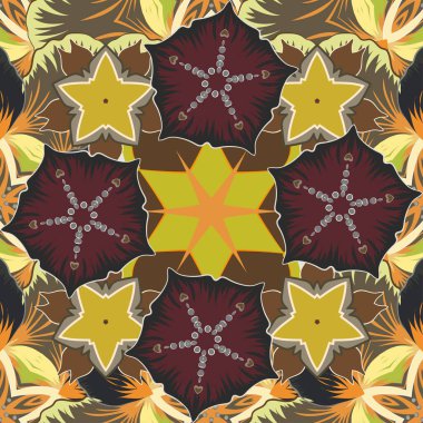 Eşkenar dörtgen ve düğümlerle biçimlendirilmiş arkaplan. Soyut geometrik desen. Vektör kahverengi, sarı ve gri doku. Geometrik dikişsiz desen.