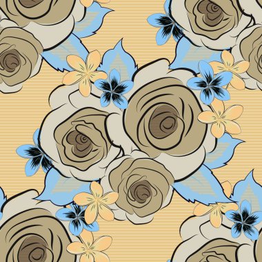 Yay vektörü çiçekli arka plan. Küçük bej ve mavi çiçekler. Moda baskıları için zarif bir şablon. Küçük gül çiçeklerinde hoş, pürüzsüz desen.