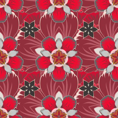 Stock vektör illüstrasyonu. Pembe, kırmızı ve gri renklerde kusursuz bir soyut çiçek deseni. Klasik stil.