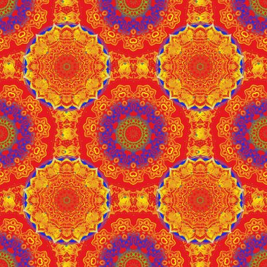 Damask, mor, kırmızı ve sarı renklerde çiçeksiz arkaplan deseni. Vektör illüstrasyonu.