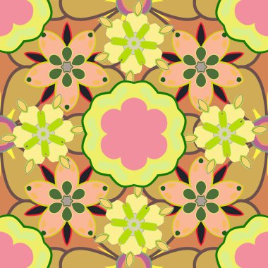 Kusursuz, minimalist, nazik çiçek deseni. Romantik, küçük, zarif, çiçekli bir geçmişi var. Pembe, bej ve sarı renklerde çiçek desenli moda vektör yazdırma.