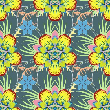 Geometrik dikişsiz desen. Eşkenar dörtgen ve düğümlerle biçimlendirilmiş arkaplan. Soyut geometrik desen. Vektör sarı, mavi ve yeşil doku.