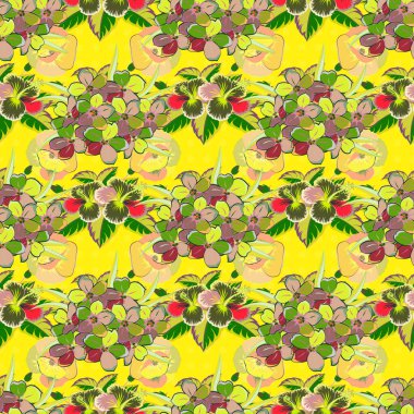 El yazısı Primula çiçekleri, pullar, anahtarlar. Bej, yeşil ve sarı renklerde klasik, pürüzsüz desen.