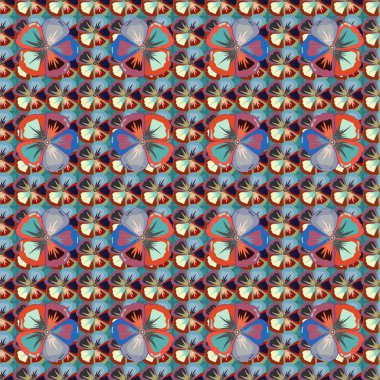 Kozmos çiçekleri kusursuz desenli kırmızı, mavi ve gri renklerde. Şirin vektör çiçek arkaplanı.