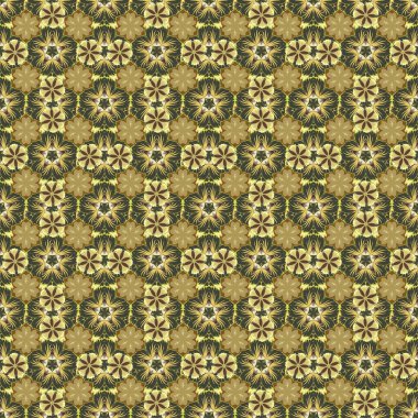 Kahverengi, sarı ve yeşil renkli tropikal yapraklar ve çiçeklerle vektörsüz arkaplan deseni.