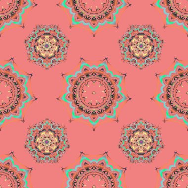 Ambalaj kağıdı, kumaş ya da tekstil için modern geometrik kusursuz desen. Eski bir süs. Tasarımınız için vektör pembe arkaplan ve çok renkli desen.