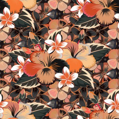 Vektör çizimi. Gri, bej ve turuncu amfibik desenli. Suluboya tarzında tropik çiçeklerle vektörsüz desen.