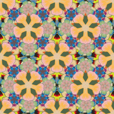 Çiçeklerle suluboya kusursuz desen. Sarı, yeşil ve bej renkli moda baskı. Enfes bir desen, çiçekli suluboya bir eskiz, klasik tarzda. Dekorasyon ve tasarım için güzel desen.