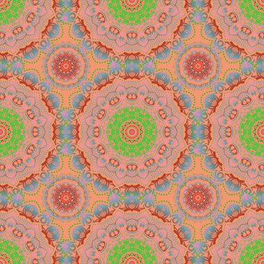 Tasarım, tekstil veya kumaş için pembe, yeşil ve kırmızı renklerde vektörsüz desen. Vektör illüstrasyonu.