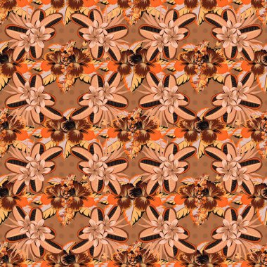 Arabesk. Kahverengi, turuncu ve bej renkli klasik soyut vektör çiçekli desen. Kesişen kıvrımlı zarif stilize amber çiçekleri, yapraklar ve parşömenler soyut çiçek süsü oluşturuyorlar