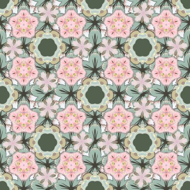 Klasik bej, sarı ve yeşil süslemeli vektör desenli..