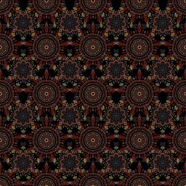 Doğulu tarzı. Kumaş, duvar kağıdı, arkaplan, davetiye, ambalaj ya da kitap kapakları için tasarım. El çizimi çizimi. Şam, sarı, kahverengi ve kırmızı renklerde pürüzsüz desen. Raster vintage süsü.