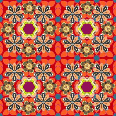 Güzel vektör arkaplanı. Grafiksel modern model. Geometrik yaprak süsü. Kırmızı, turuncu ve gri renklerde kusursuz soyut çiçek deseni.