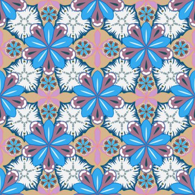 Beyaz, mavi ve bej renkli biçimlendirilmiş küçük çiçeklerin kusursuz deseni. Elle çizilmiş çiçek ve bitkilerle kusursuz bir arka plan. Vektör illüstrasyonu.