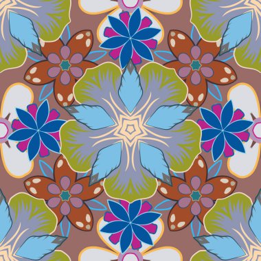 Soyut vektör arkaplanı. Çiçekli, şık duvar kağıtları. Çiçek açan çiçeklerin ve yaprakların bej, mavi ve sarı renklerinde desenleri var..