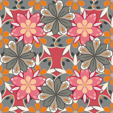 Dekoratif çiçekleri bej, kahverengi, kırmızı ve pembe renklerle süsleyen zarif, pürüzsüz bir desen. Düğün ya da tebrik kartları, hatıra defteri, baskı, ambalaj, kumaş ya da tekstil imalatı için vektör deseni.