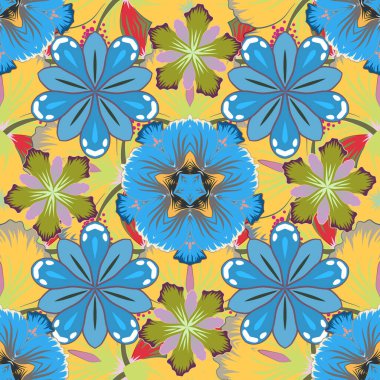 Geleneksel doğulu desensiz şal deseni. Kumaş, tekstil ve ambalaj kağıtları için dekoratif süs. Sarı, mavi ve yeşil renkli çiçek duvar kağıtları. Şal desenli vektör çizgili, pürüzsüz desen.