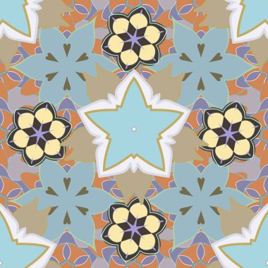 Turuncu, mavi ve bej renklerde kusursuz çiçek deseni. Pek çok küçük çiçek desenli desenleri var..