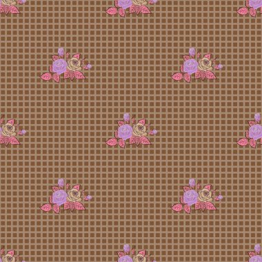 Raster açık çiçekler ve tomurcuklar pembe, bej ve kahverengi renklerde kusursuz desenler. Pembe, bej ve kahverengi güllerden oluşan bir dalın klasik suluboya çizimi.