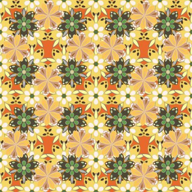 Dekoratif yaz çiçekleriyle kusursuz desen yeşil, bej ve sarı renkler, suluboya vektör çizimi.