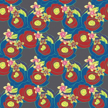 Geleneksel Hint çiçeksiz desenli karışık gül çiçekleri ve mavi, kırmızı ve sarı yapraklı. Vektör illüstrasyonu.