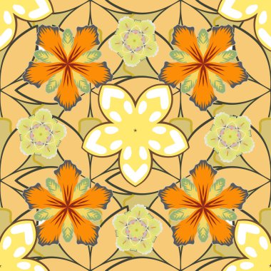 Sarı, yeşil ve turuncu mehndilerin vektörsüz desenleri. Geleneksel Hint tarzı, kına dövmesi, baskı, çıkartma, mehndi, yoga tasarımı için süs eşyası..