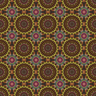 Siyah arka planda kahverengi, yeşil ve sarı renkli süslemeler. Vektörsüz damaske deseni, klasik duvar kağıdı, arkaplan.