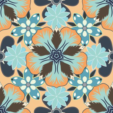 Optik yanılsama. Vektör illüstrasyonu iç tasarım, baskı, ağ ve tekstil tasarımı için iyidir. Sarı, bej ve mavi renklerde çiçeklerin kusursuz dokusu..