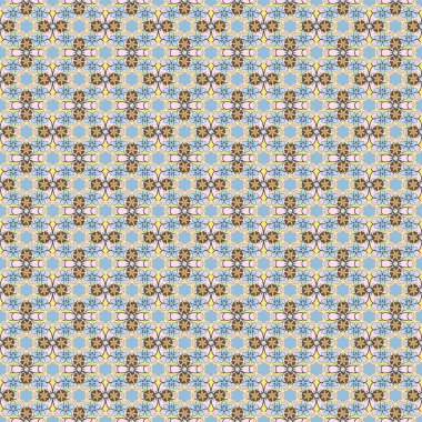 Soyut çiçeklerin kusursuz deseni mavi, bej ve sarı renklerde. Eski tarz. Stok illüstrasyonu.