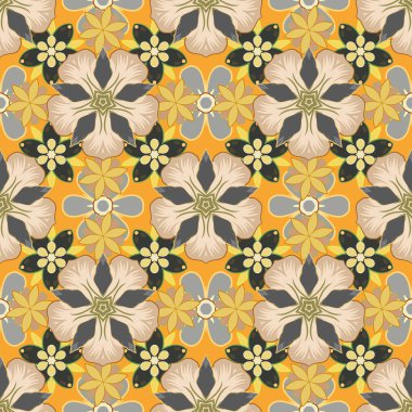 Gri, bej ve sarı yapraklı tropikal çiçeklerle kusursuz bir arka plan deseni. Vektör illüstrasyonu.