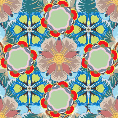 Eski tarz. Stock vektör illüstrasyonu. Yeşil, bej ve mavi renklerde kusursuz soyut çiçek deseni.