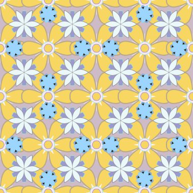 Geleneksel oryantasyon süsü. Kusursuz klasik vektör modeli. Sarı, mavi ve gri renklerde klasik bir süs..