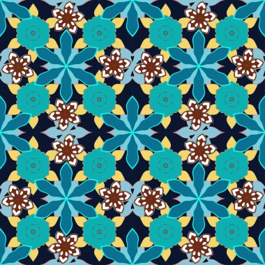 Mavi, siyah ve sarı renklerde kusursuz desen. İslami vektör tasarımı Tekstil baskısı, baskı veya kumaş için doğu süsü.