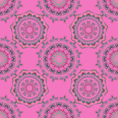 El çizimi çizimi. Vector vintage süsü. Şam, yeşil ve pembe renklerde kusursuz desen. Kumaş, duvar kağıdı, arkaplan, davetiye, ambalaj ve kitap kapakları için tasarım. Doğulu tarzı.