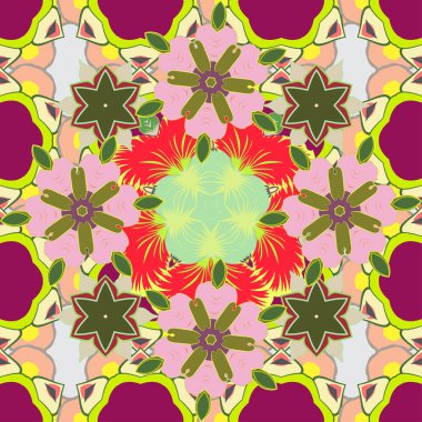 Mor, yeşil ve bej renklerde soyut, şirin çiçek deseni. Vektör çizimi. Parlak, güzel çiçekler, kusursuz bir arka plan..