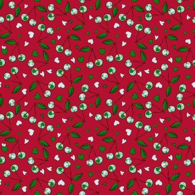 Kırmızı, yeşil ve pembe renklerle renksiz kirazsız Ditsy baskısı.