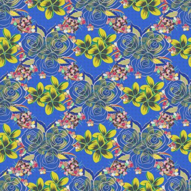 Soyut mavi, sarı ve pembe güllerle kusursuz çiçek deseni.